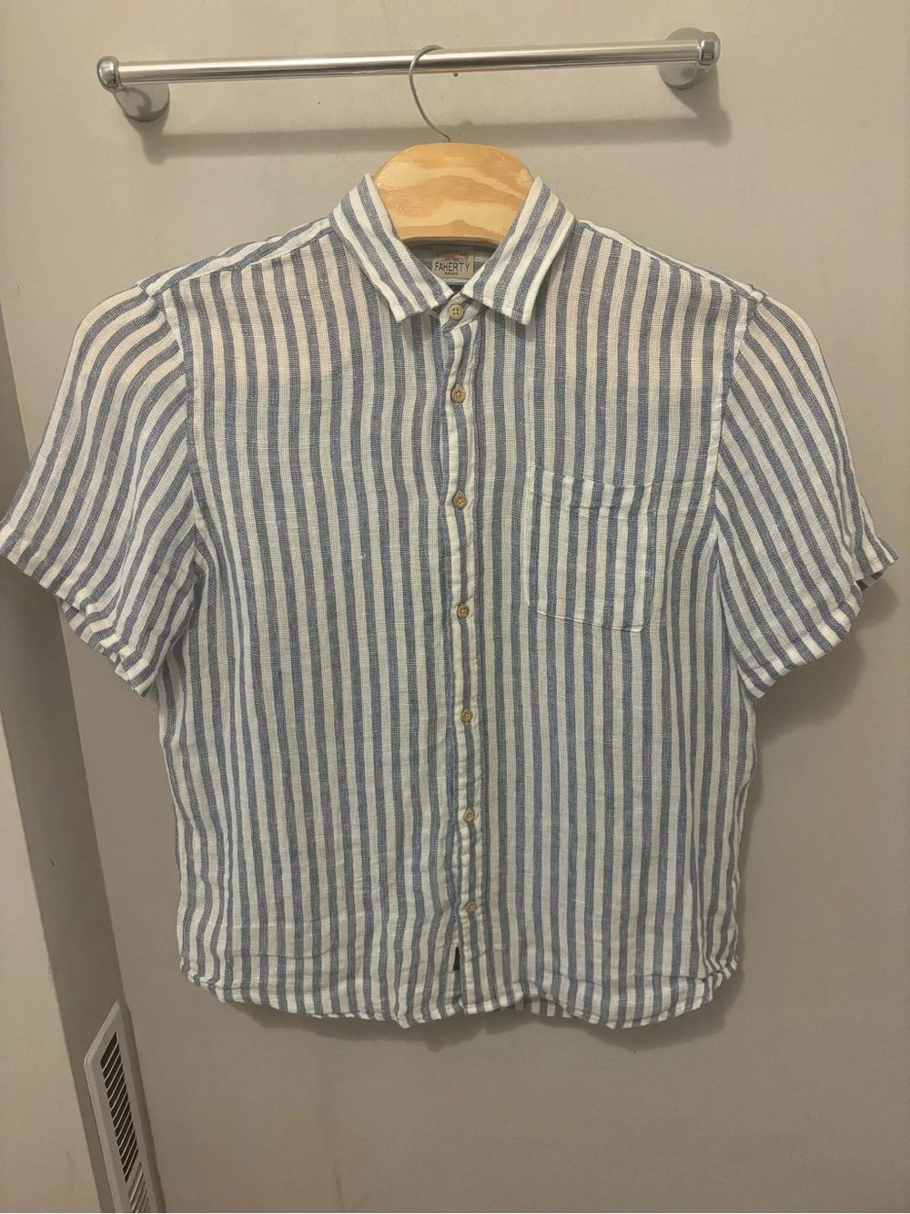 Faherty Short Sleeve Palma Linen Shirt Horizon Ivory Stripe L Summer Blue White